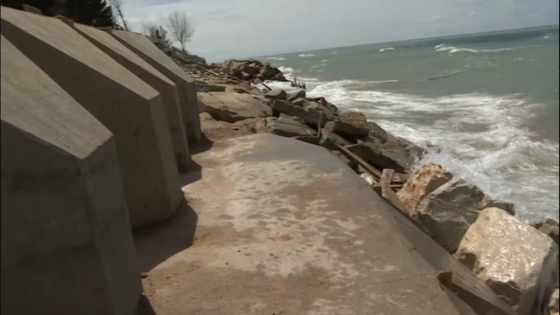 With improved weather conditions, sea wall construction has been fairly continuous along the Lake Michigan shoreline for the past month.