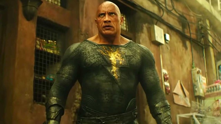 Dwayne Johnson As Black Adam Flying and Fighting with Henry Cavill
