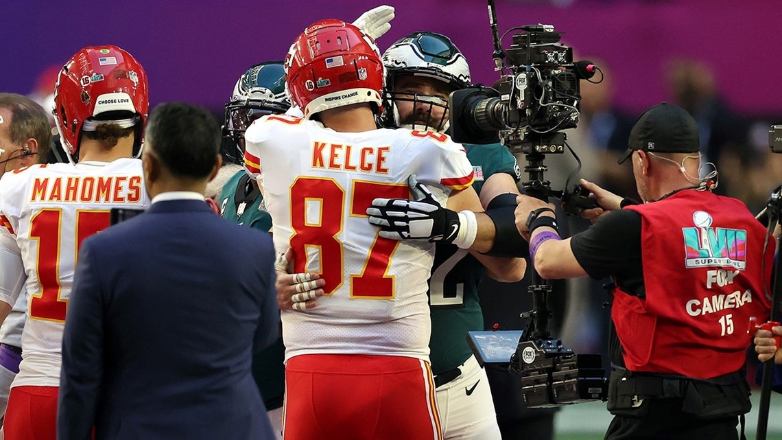 Travis and Jason Kelce Share a Heartfelt Hug After Kansas City Chiefs Win  the Super Bowl