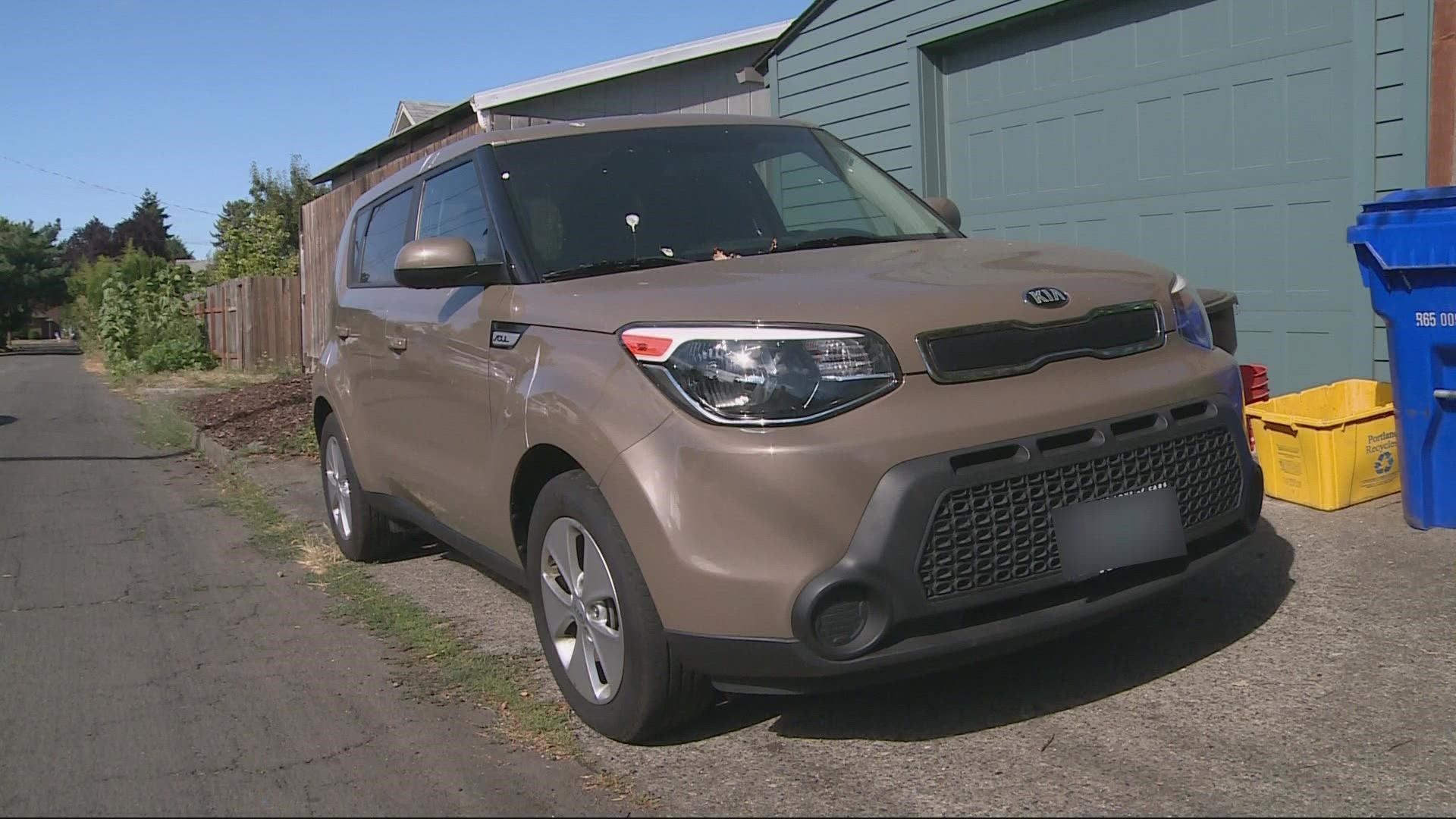 A Portland woman's Kia was stolen and vandalized by a group of thieves who seemed to have been traveling in other stolen Kias, part of a wider trend.
