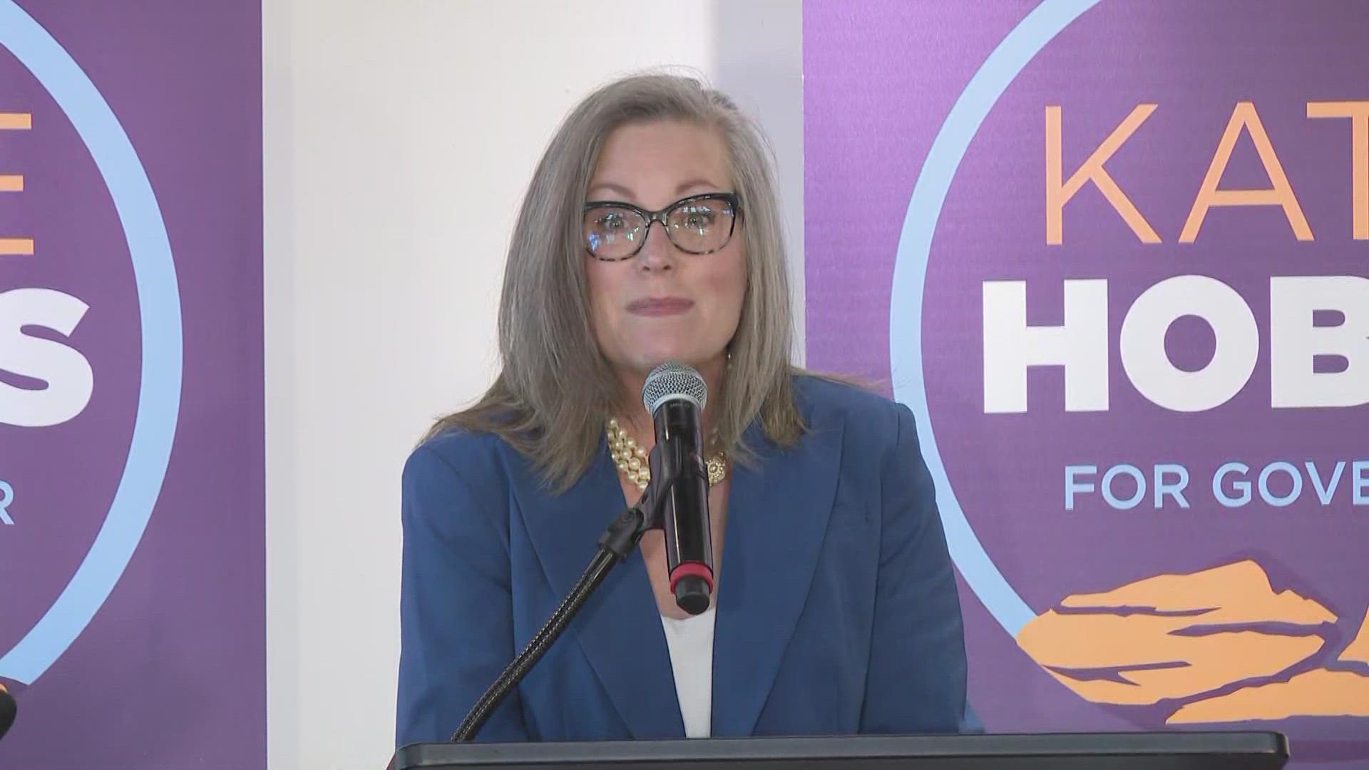 Hobbs addressed rising costs, abortion, border crisis, water crisis, school funding in her speech and said it would take both parties working together to fix them.