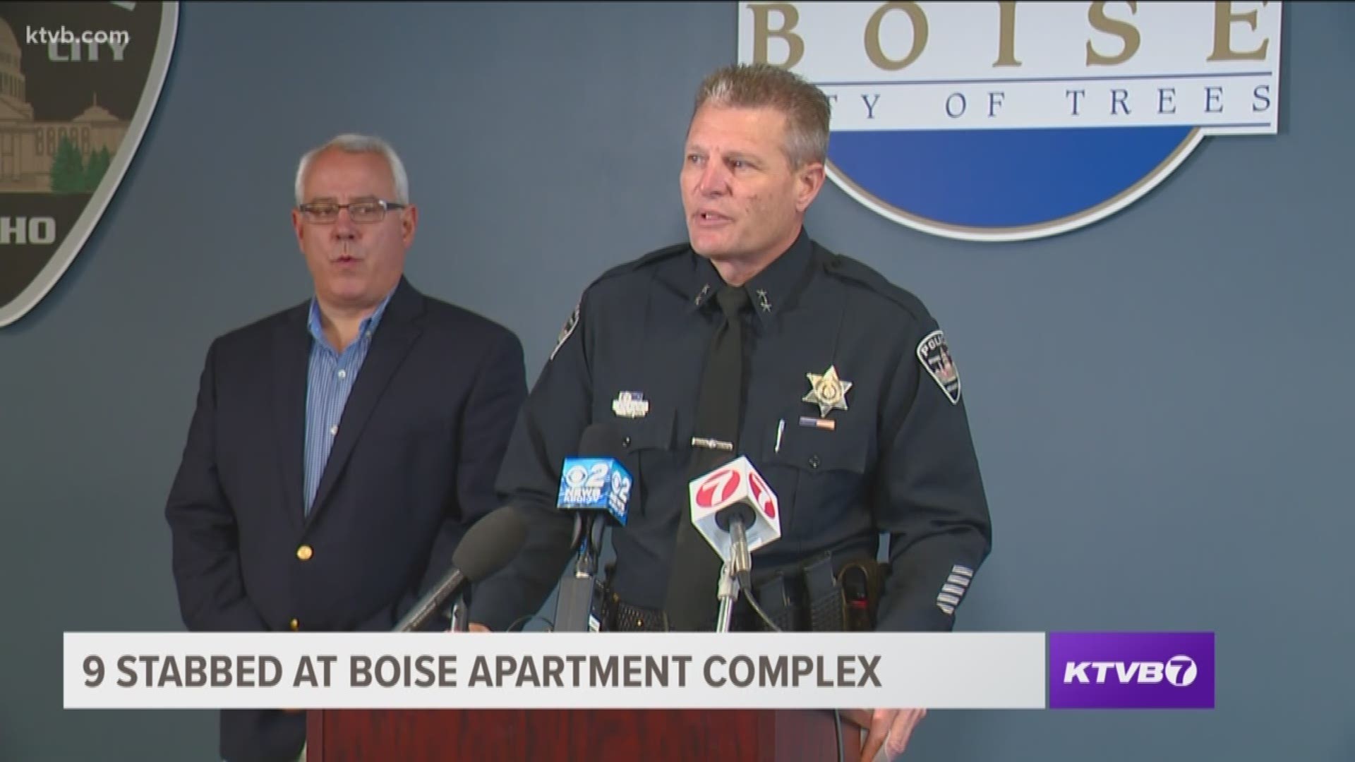 Boise police Chief Bill Bones and Boise Mayor Dave Bieter speak to the media after a 30-year-old suspect Timmy Kinner stabbed nine people, including children, at the Wylie Street Station Apartment Complex. Many of the victims are refugees.