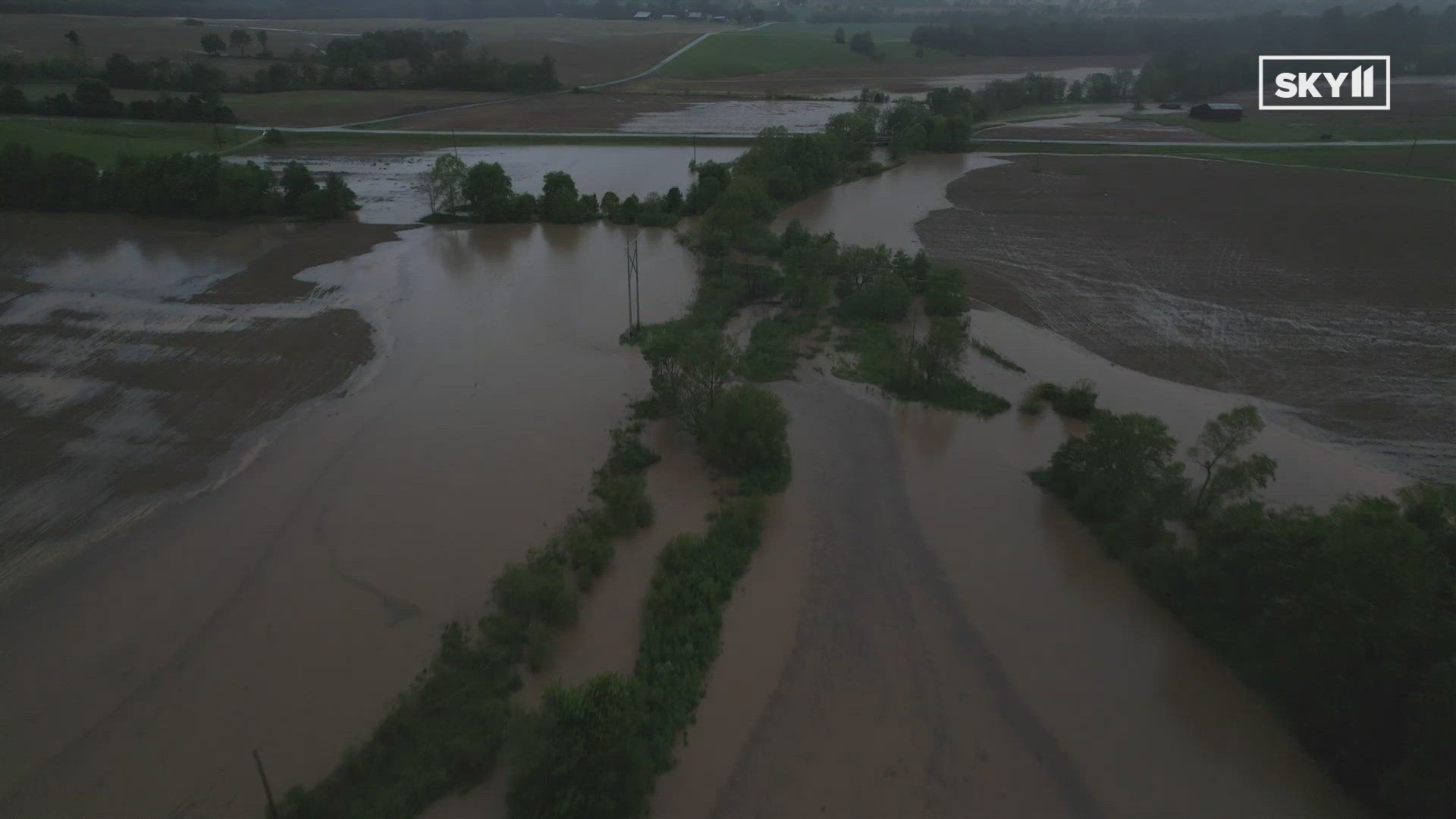 Drone video shows flooding near Walter's Creek in Magnolia, Kentucky.