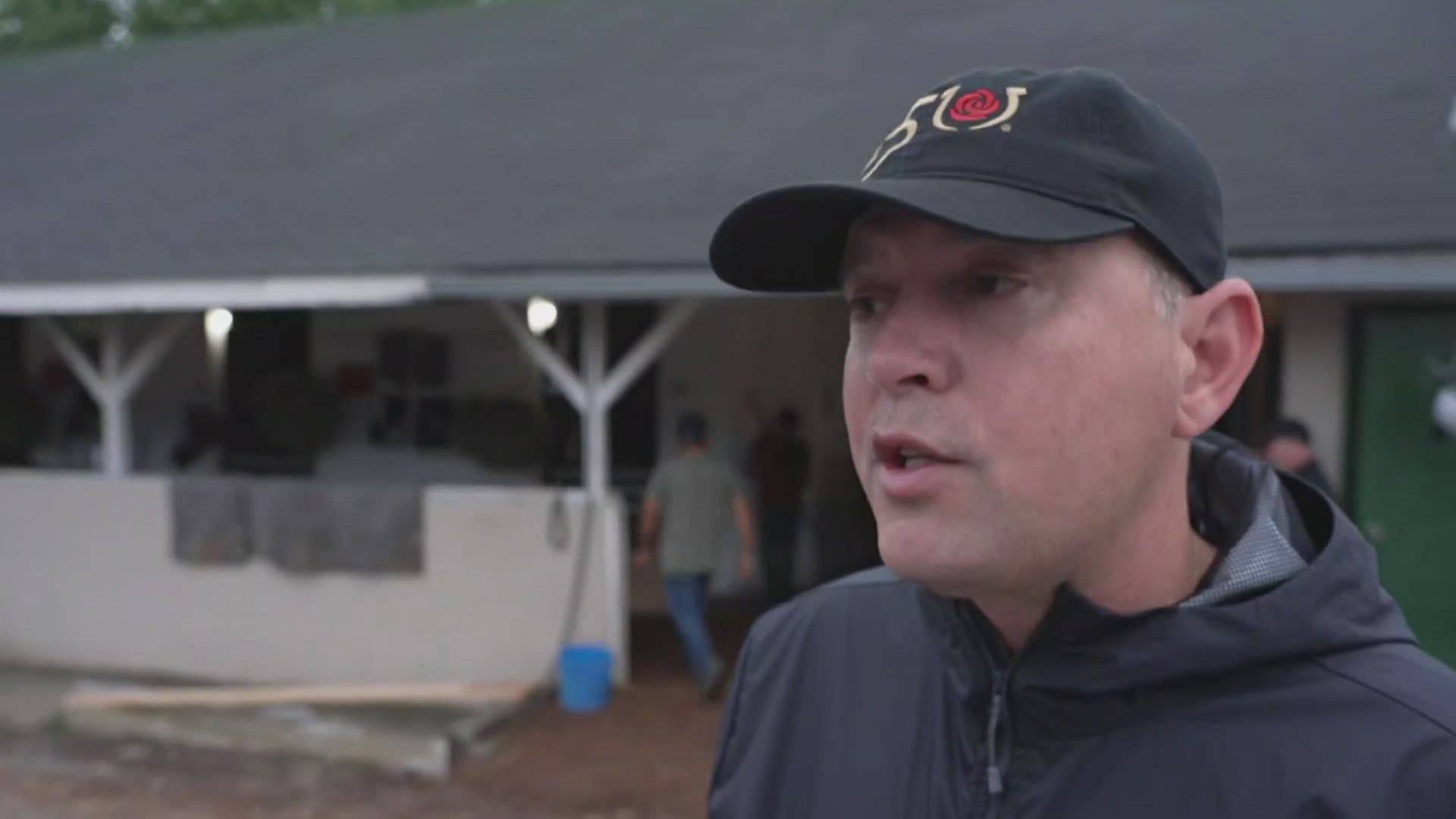 After Friday's rain drenched the track, the trainer of Sierra Leone and Domestic Product discusses how the horses will feel in the Derby race.