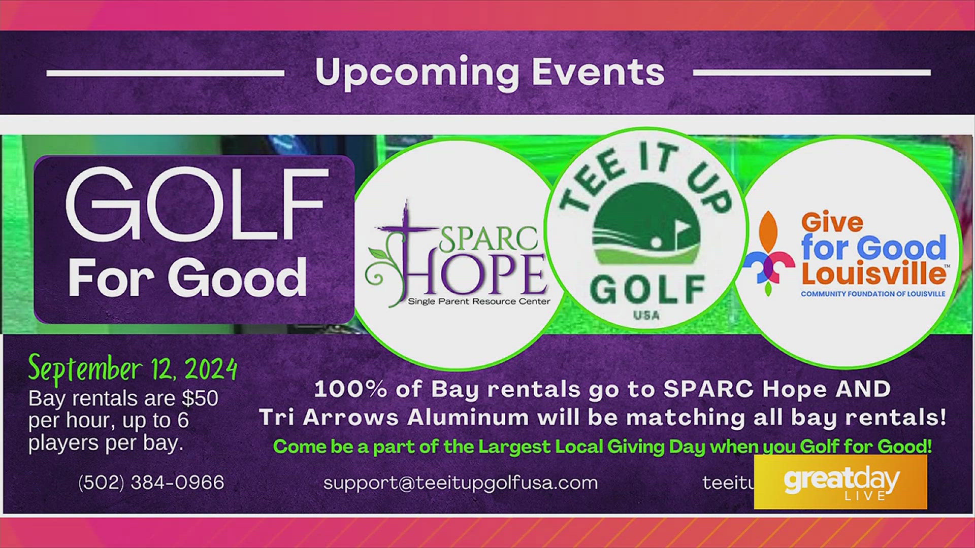 Tee it Up Golf and Tri Arrow Aluminum have partnered with Sparc Hope. Tee it Up will donate 100% of Bay rentals to Sparc Hope and Tri Arrows will match the donation.