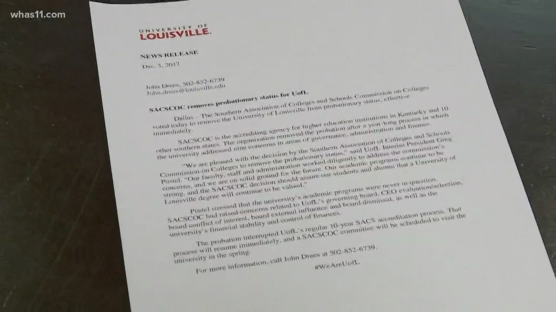 WHAS11's Kayla Moody reports on the University of Louisville shedding its probationary status.