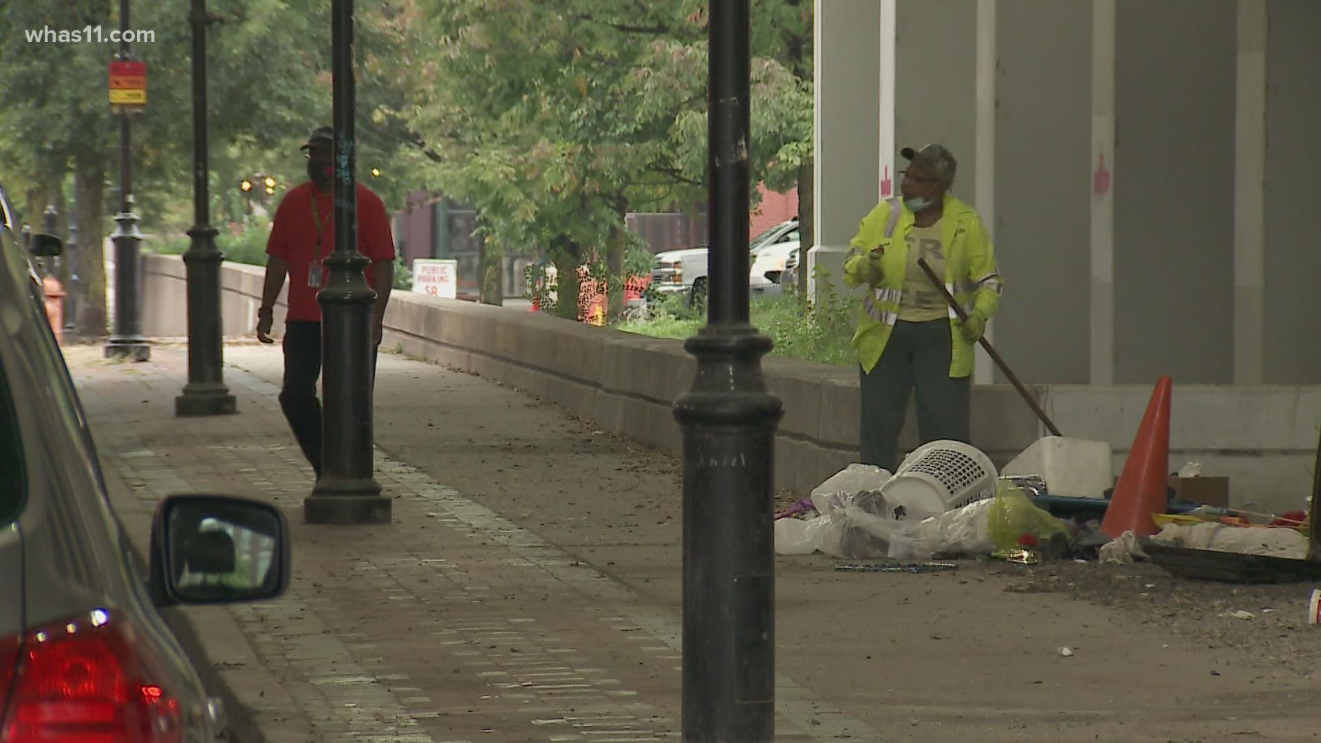 Around 40 people were cleared out of homeless camps in downtown Louisville Wednesday morning and around 16 were taken to local shelters.