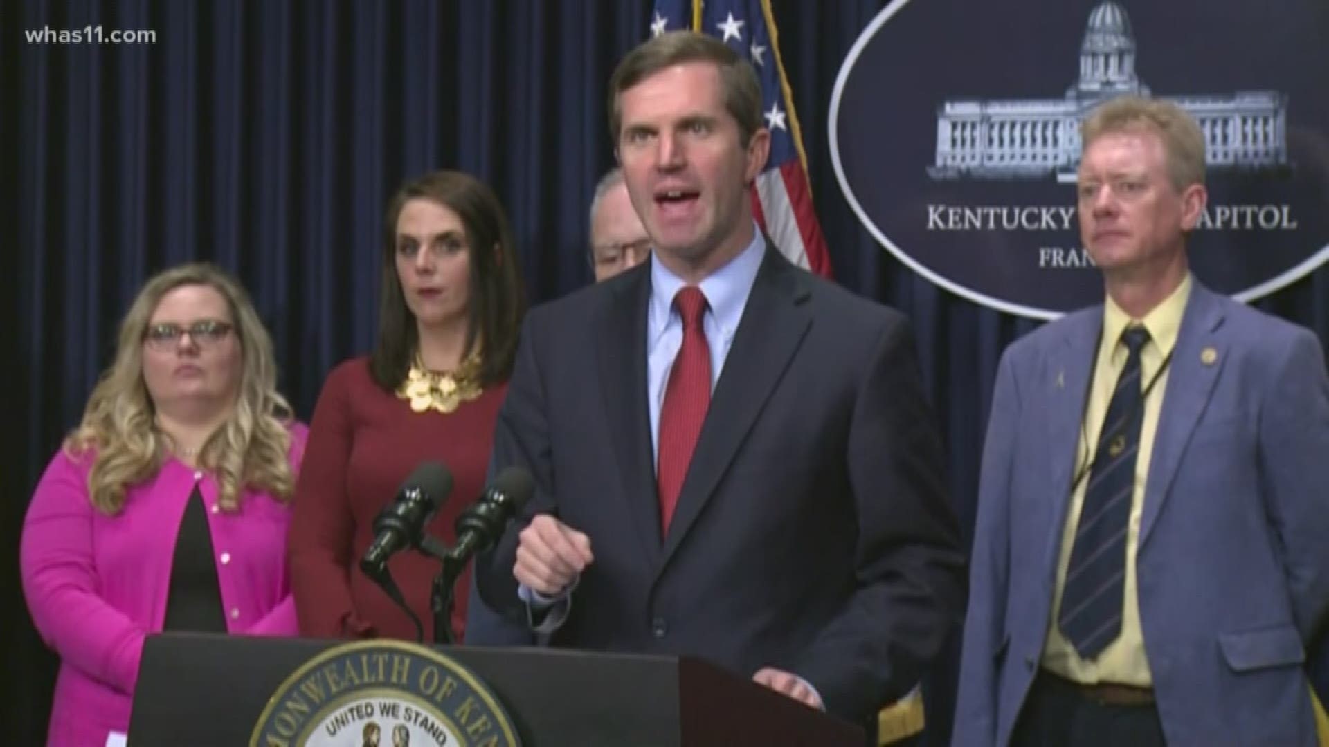 Beshear and Rep. Adam Koenig were joined Thursday by representatives of business and education groups to call for passage of the sports wagering measure.