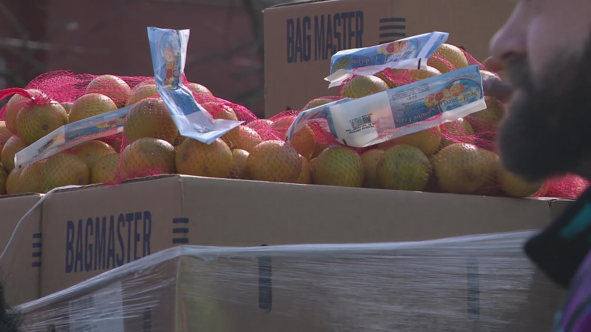 The were offering fresh produce and shelf-stable foods to those impacted by Friday's storm.