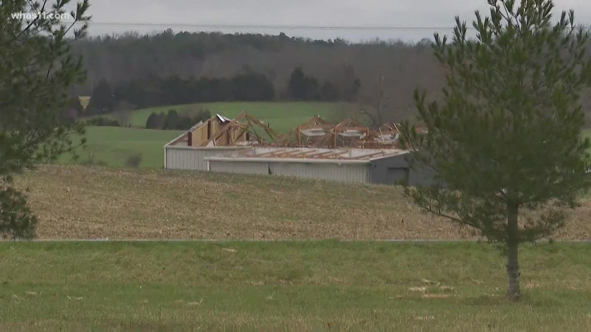 Jeff Maysey said the storms ripped the roof off his barn in Hardin County, damaged part of a cabin, and tossed a heavy, 12-foot utility trailer half a mile away.