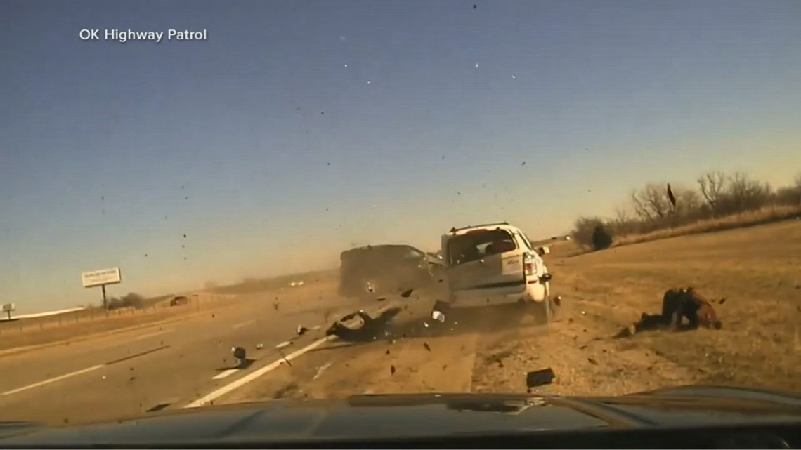 Dashcam Shows Car Crash Into Oklahoma State Trooper During Traffic Stop 