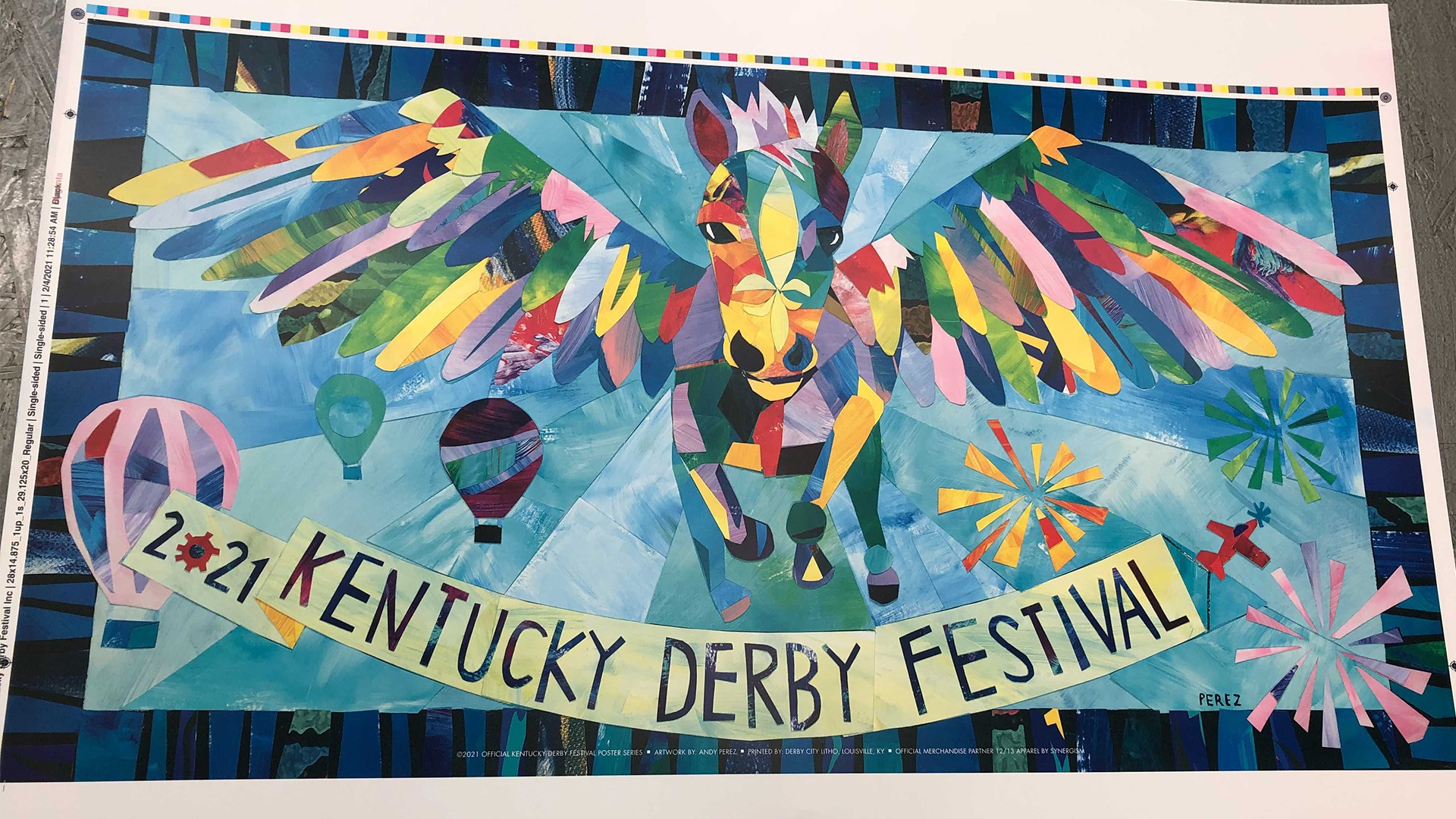 The poster, created by Louisville artist Andy Perez, is a collage of nine previous Derby Festival posters.