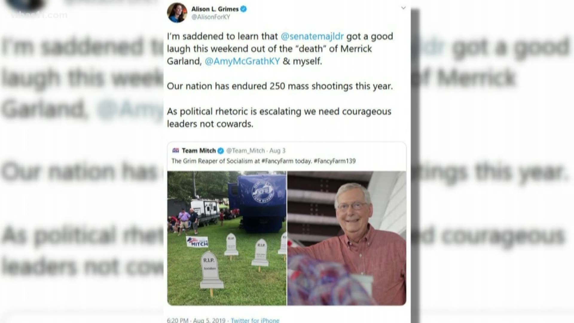 Democrat and US Senate candidate Amy McGrath is criticizing Mitch McConnell for a photo his campaign shared just hours after the shooting in El Paso.