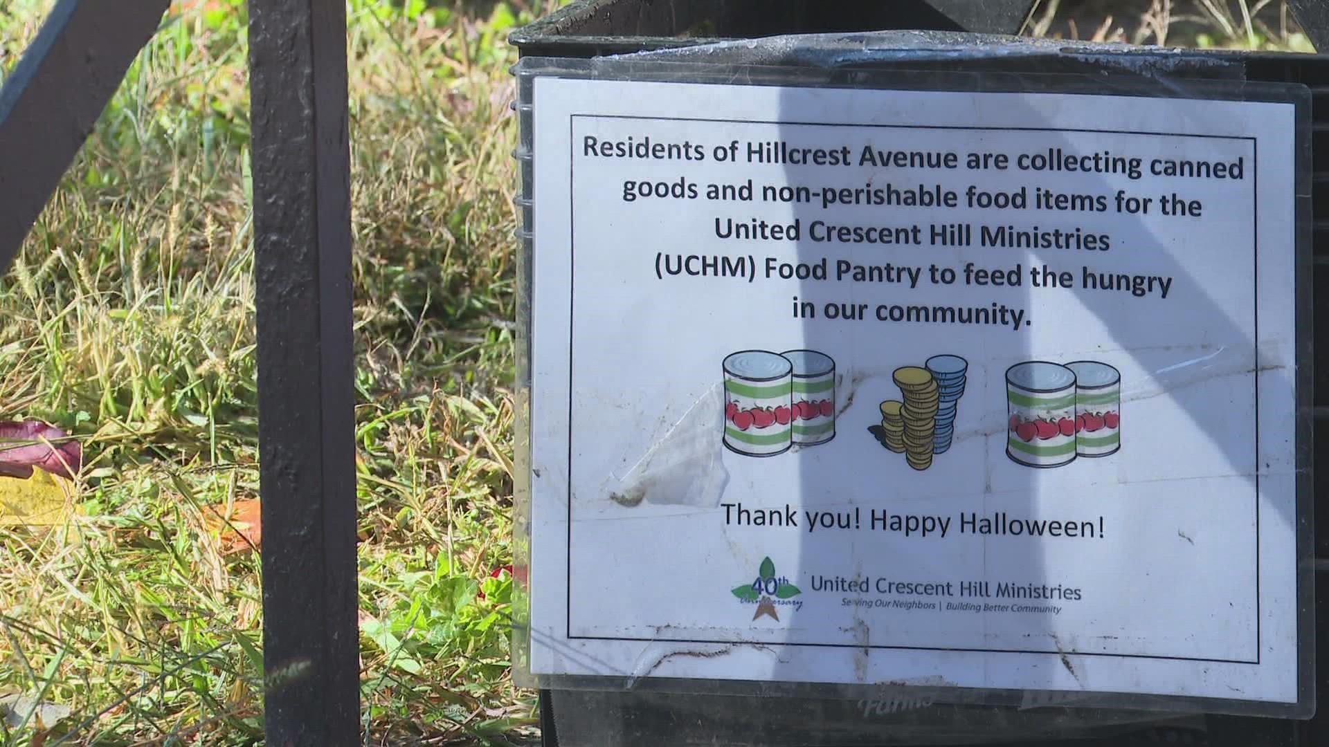 Hillcrest Avenue is collecting canned goods.