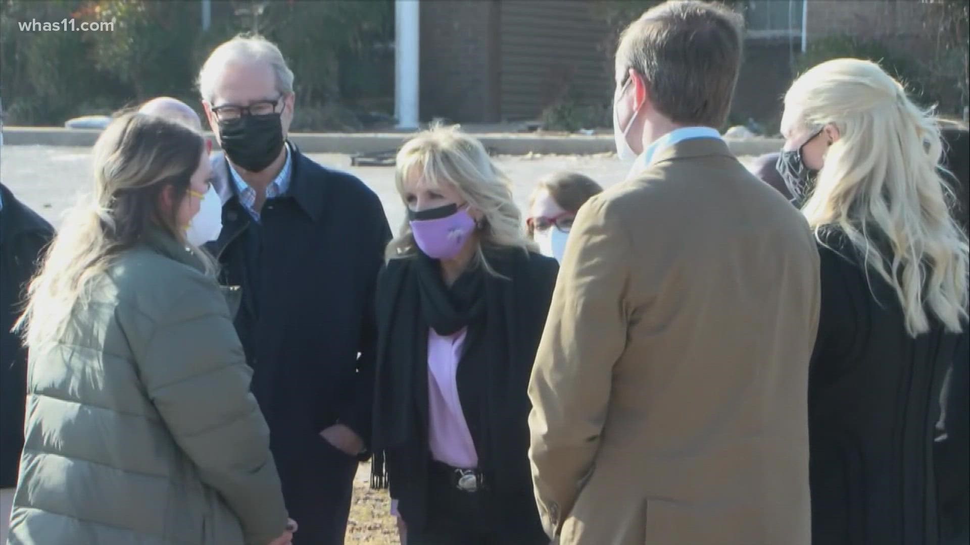 She toured the storm damage in the Creekwood neighborhood with Kentucky Gov. Andy Beshear and First Lady Britainy Beshear.