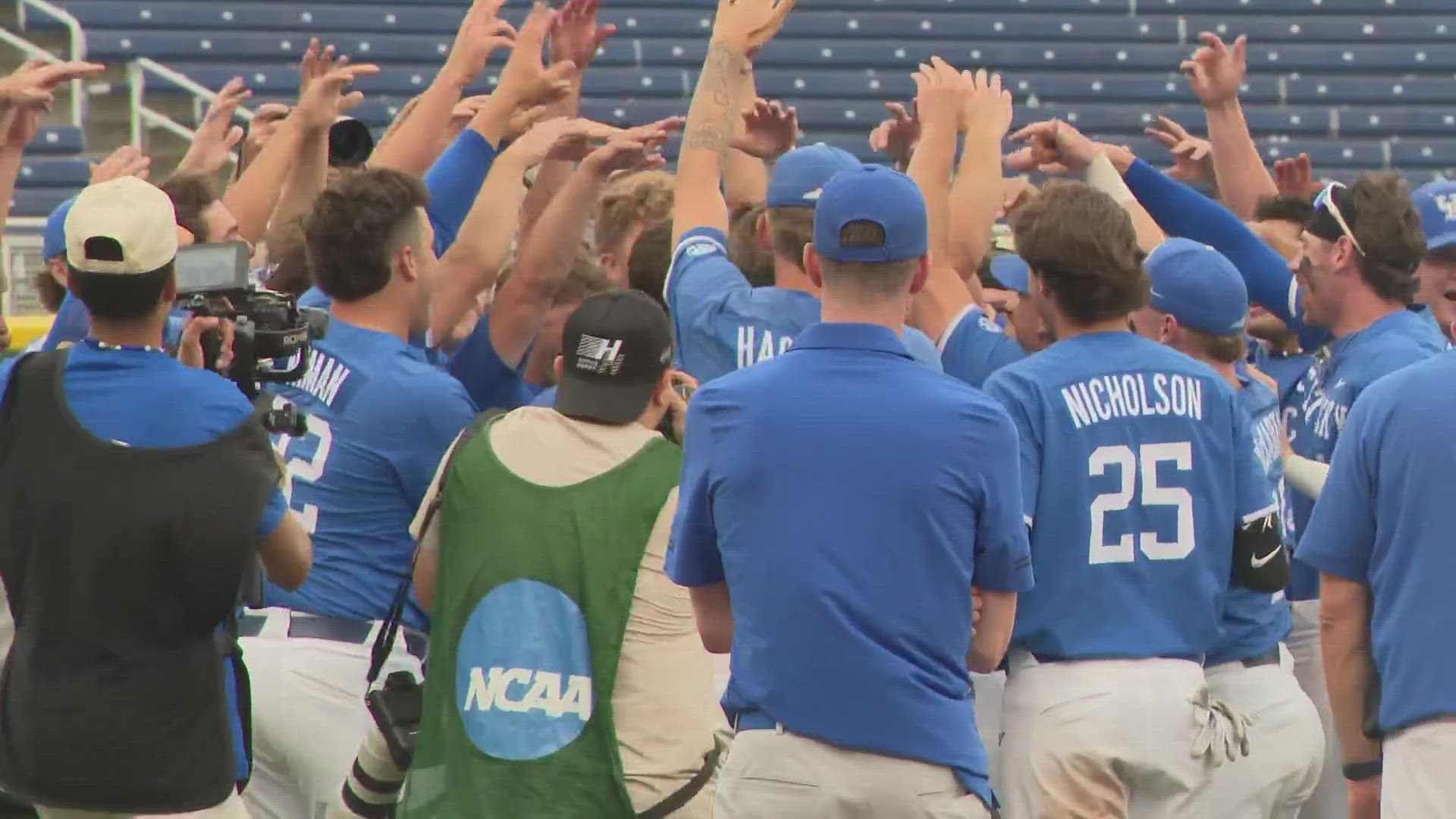 UK (46-14), in its first CWS, set a program record for wins in a season and will play Monday night against the winner of Saturday night's Florida-Texas A&M matchup.