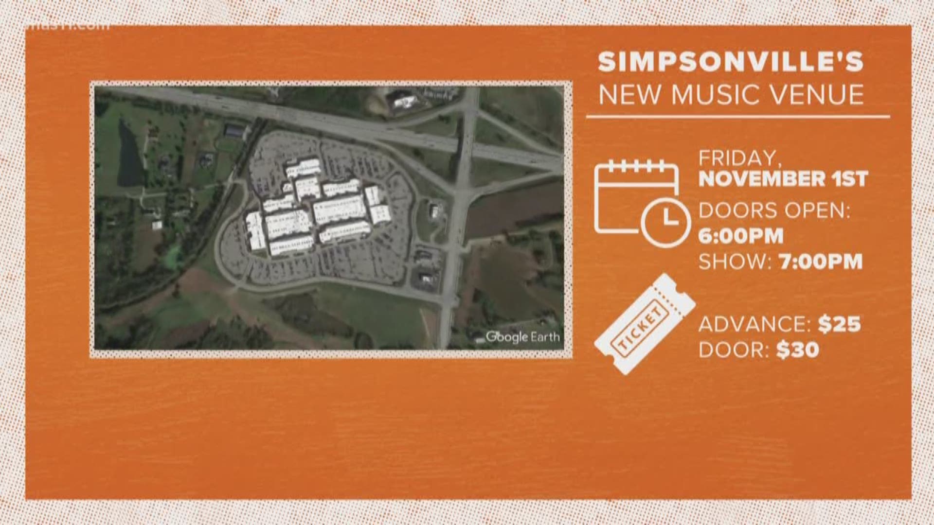 The music venue is in the Bluegrass Outlet mall in Simpsonsville.