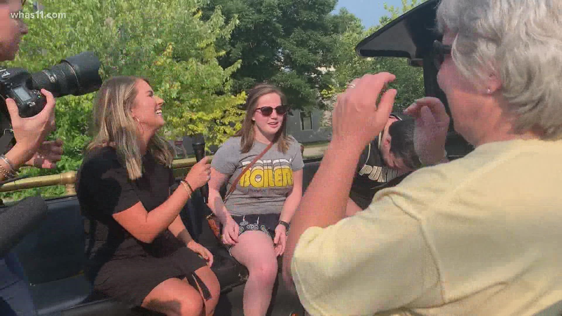 Emily Harvath thought she was just going for a walk on the Monon Trail with her mom when the Boilermaker Special pulled up with the surprise Tuesday.