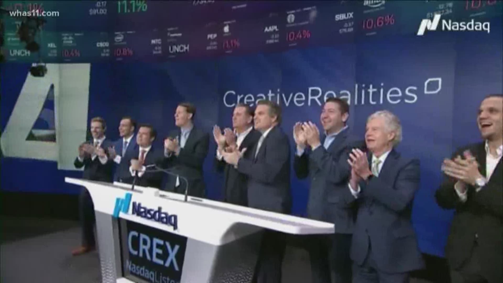 The team from Creative Realities, founded in Louisville in 1997, rang the opening bell in New York today after it was publicly traded.