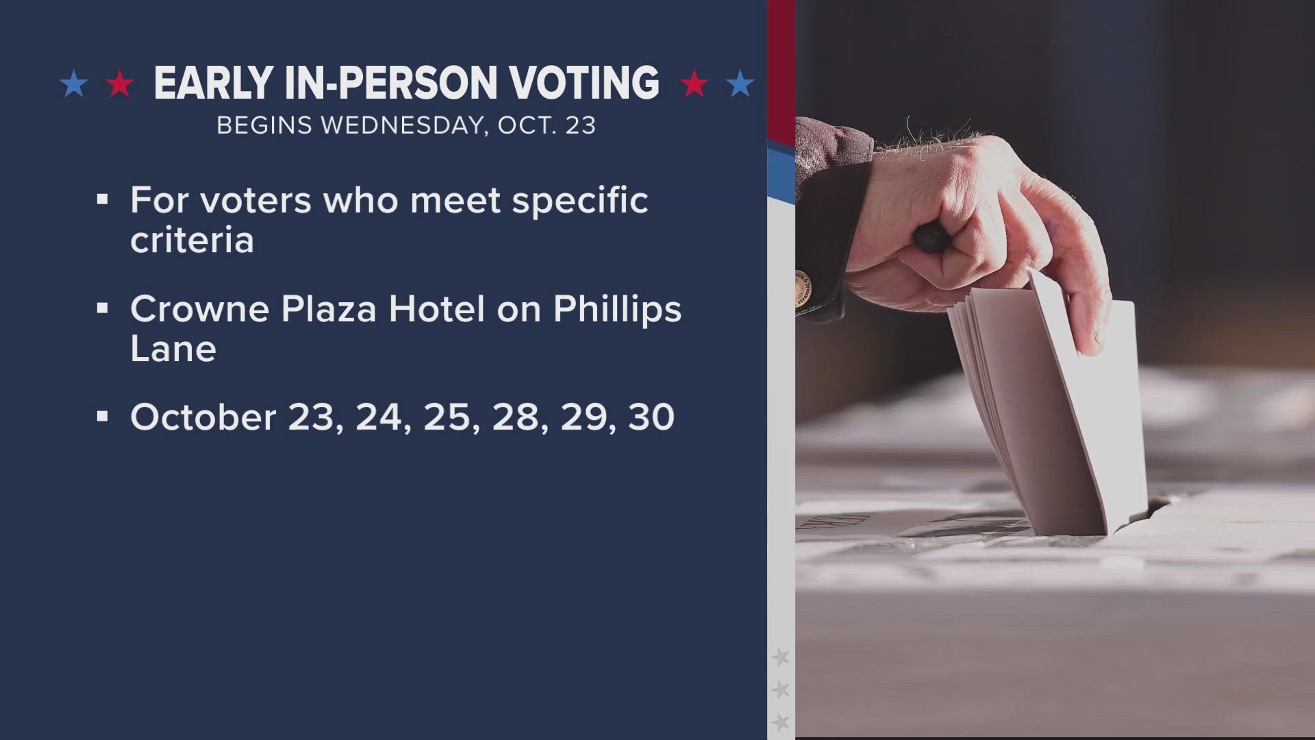 Starting Wednesday, Oct. 23, you can cast your ballot at the Crowne Plaza Hotel on Phillips Lane if you meet certain criteria.