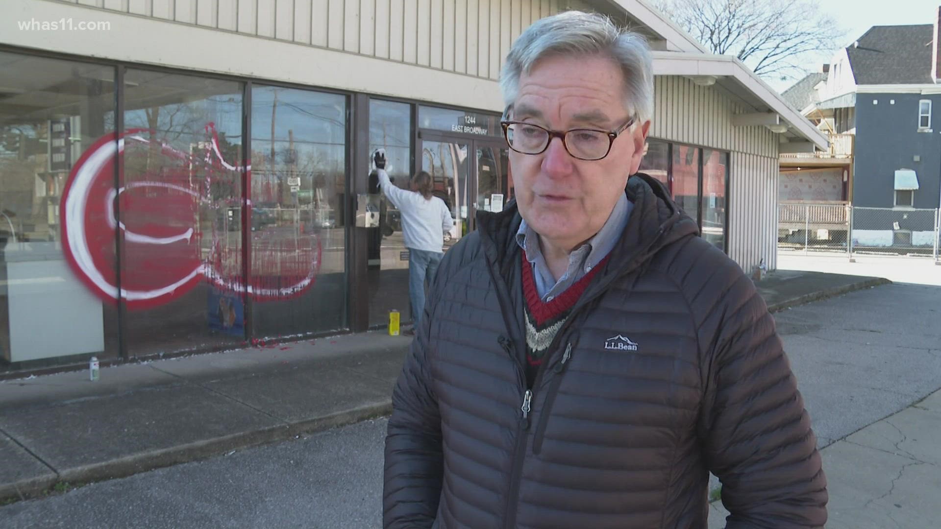 New graffiti popped up overnight on the former Bader Food Mart in the Highlands. The Highlands commerce guild went to the man known as the 'Graffiti buster.'