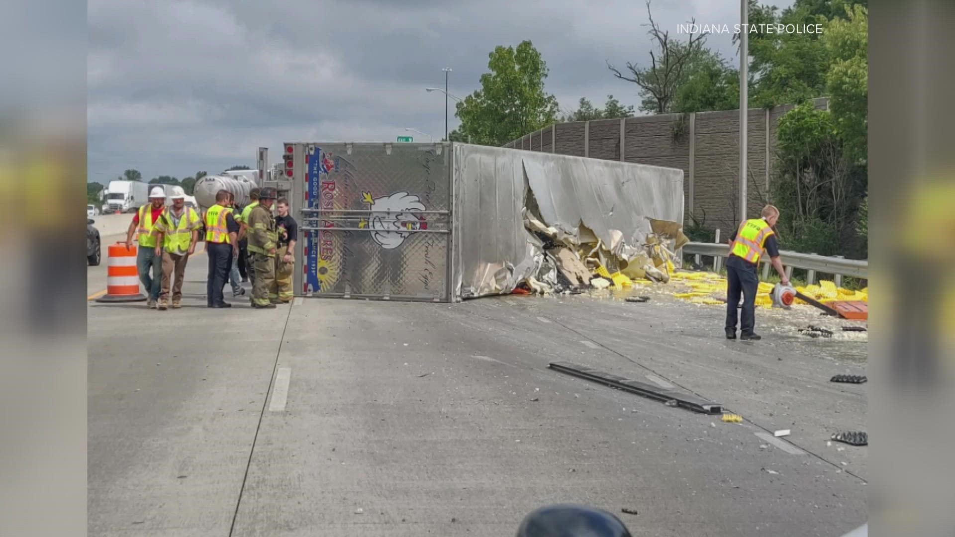 Authorities said the Rose Acres Farms semi-truck overturned on I-65 in Clark County, spilling eggs all over the interstate.