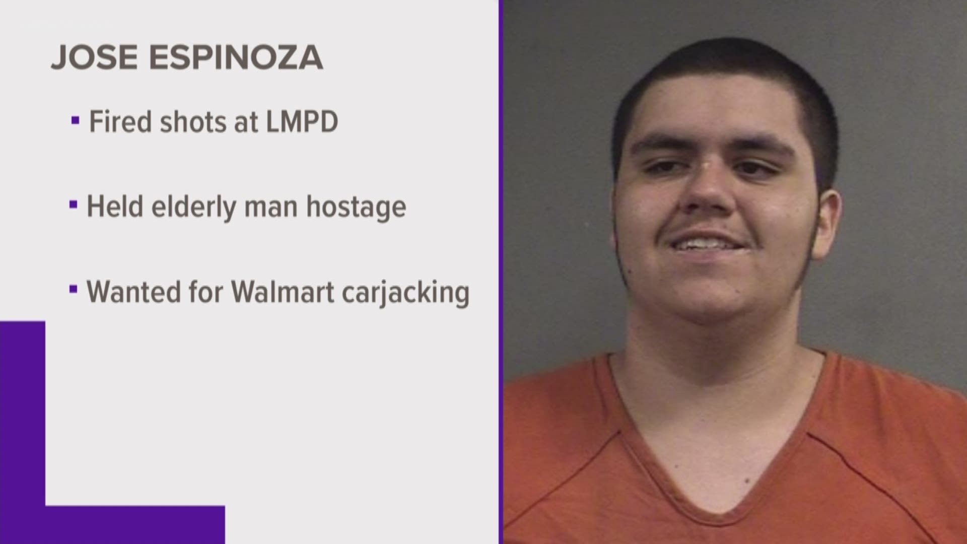 Espinoza is responsible for carjacking a woman at gunpoint at an Outer loop Walmart parking lot Aug.1