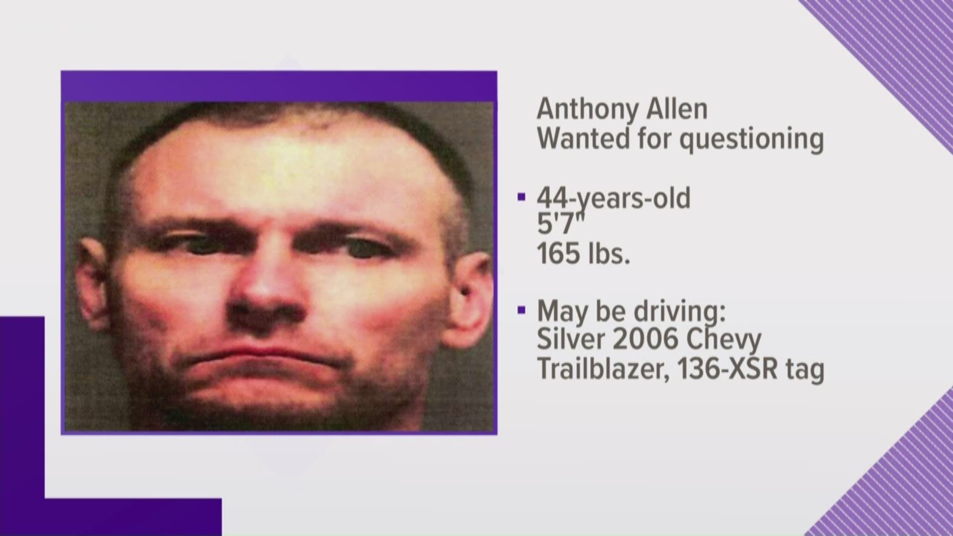 Anthony Allen was last seen driving a 2006 silver Chevrolet Trailblazer.