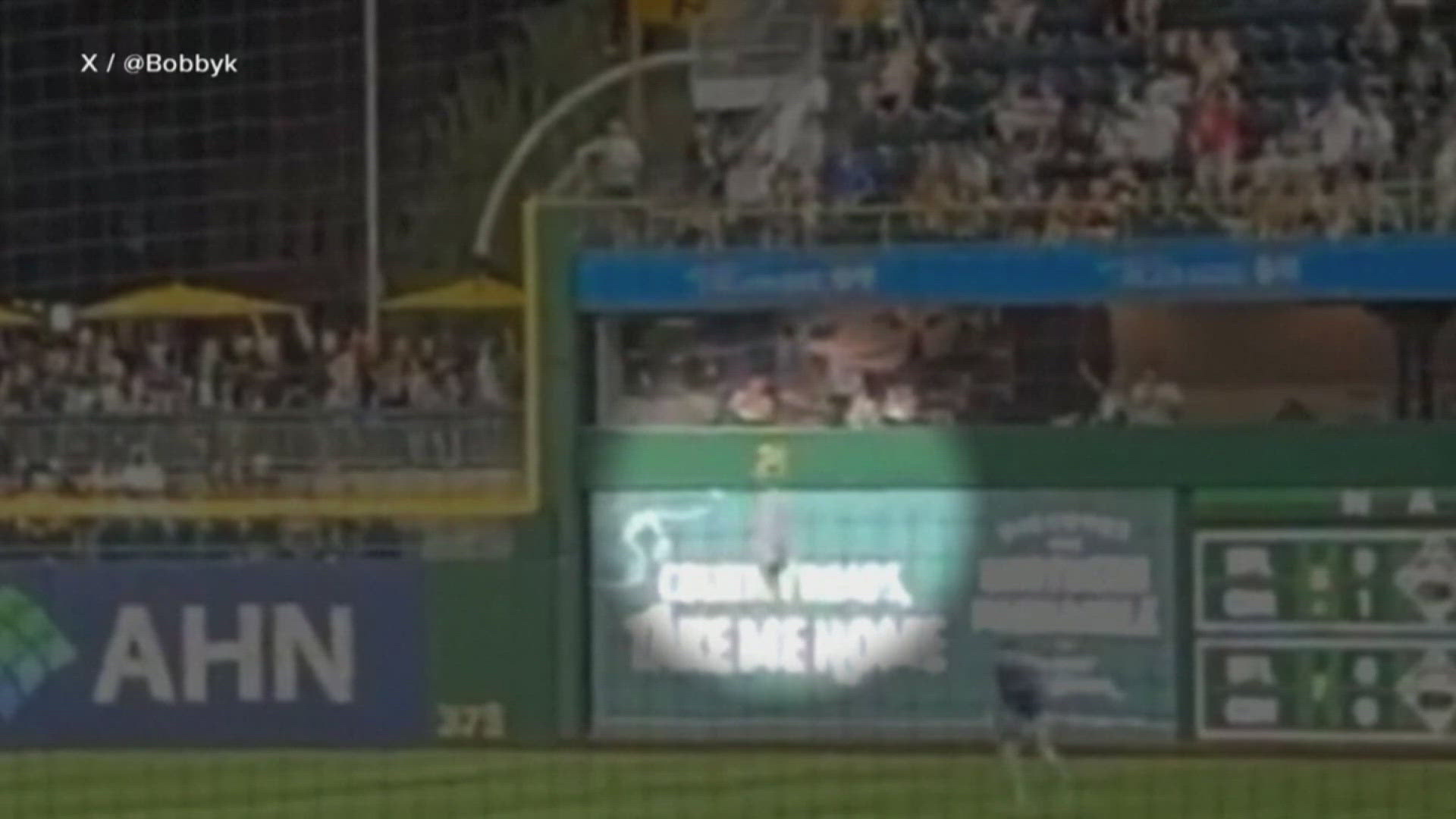 The fan fell 20 feet from the bleachers on to the field and remains in critical condition.