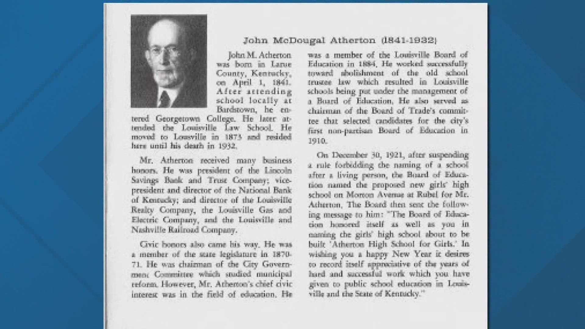 John McDougall Atherton studied law in college; he was an entrepreneur who specialized in real estate where he owned several downtown properties and bourbon.