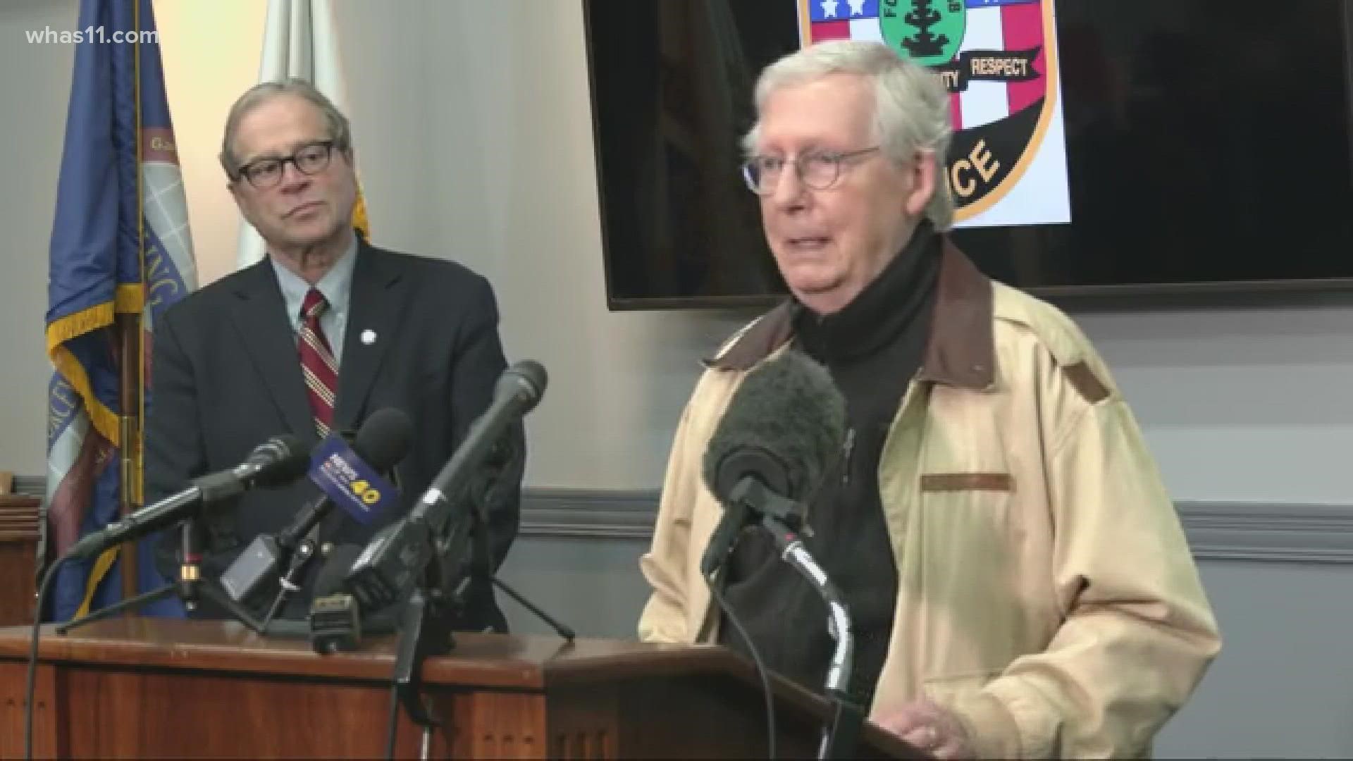 McConnell spent Friday meeting with volunteers organizing the cleanup effort in Bowling Green, Kentucky.