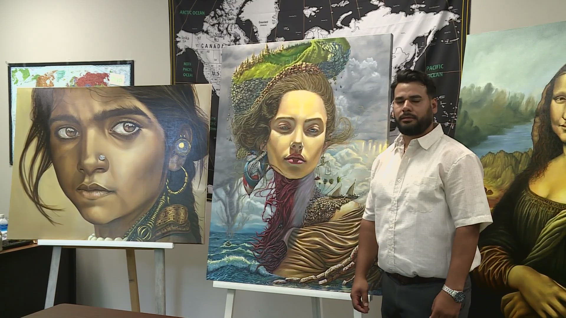 The painting by Luandor Osorio illustrates a Cuban's journey of leaving their homeland, from enduring turbulent waters to seeking justice.