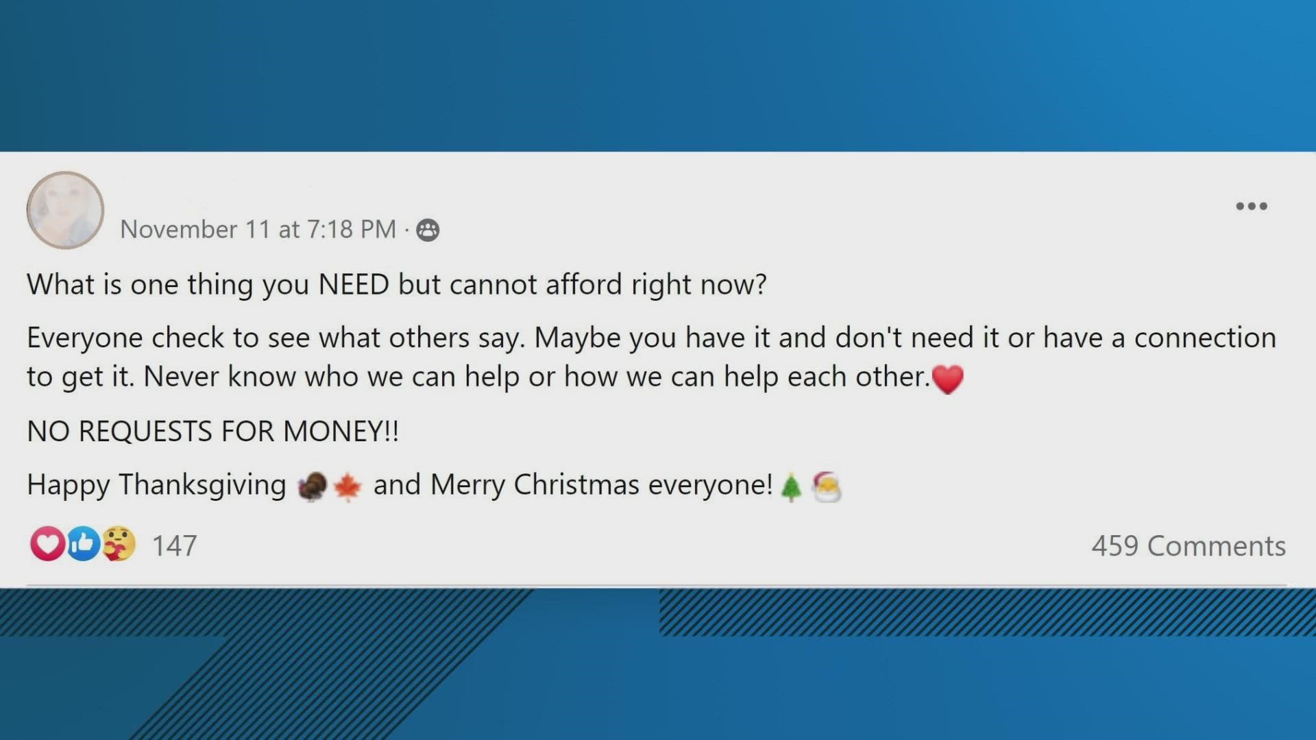 A member of the Shelby County Facebook group asked everyone to list something they need and couldn't afford, neighbors are still flooding the post with generosity.