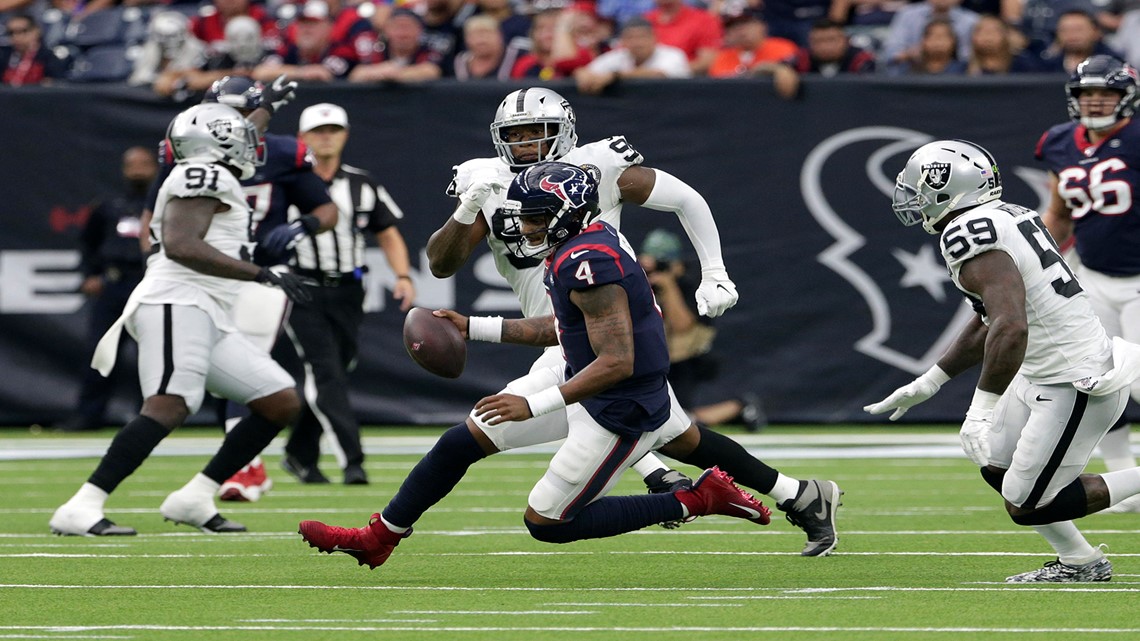 Oakland Raiders defensive end Clelin Ferrell (96) celebrates after