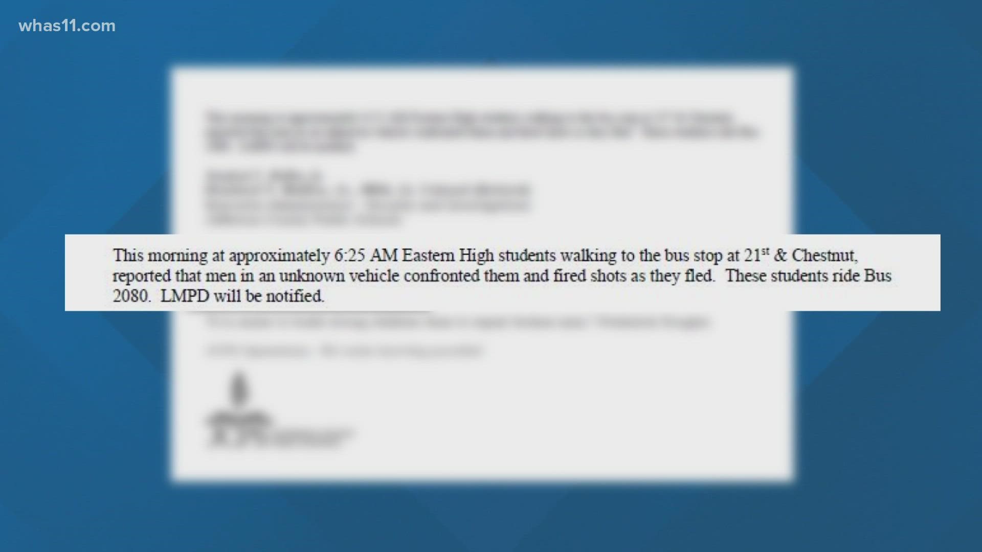 Emails by JCPS officials, acquired through an Open Records Request, say Eastern students told the school that shots were fired near the bus stop on September 7.