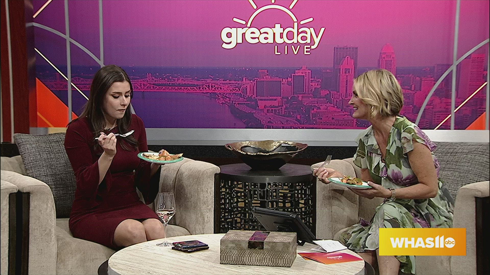 Meteorologist Colleen Peterson samples Louvino's menu for Apron Inc's Dine Around and Dine in event this month.