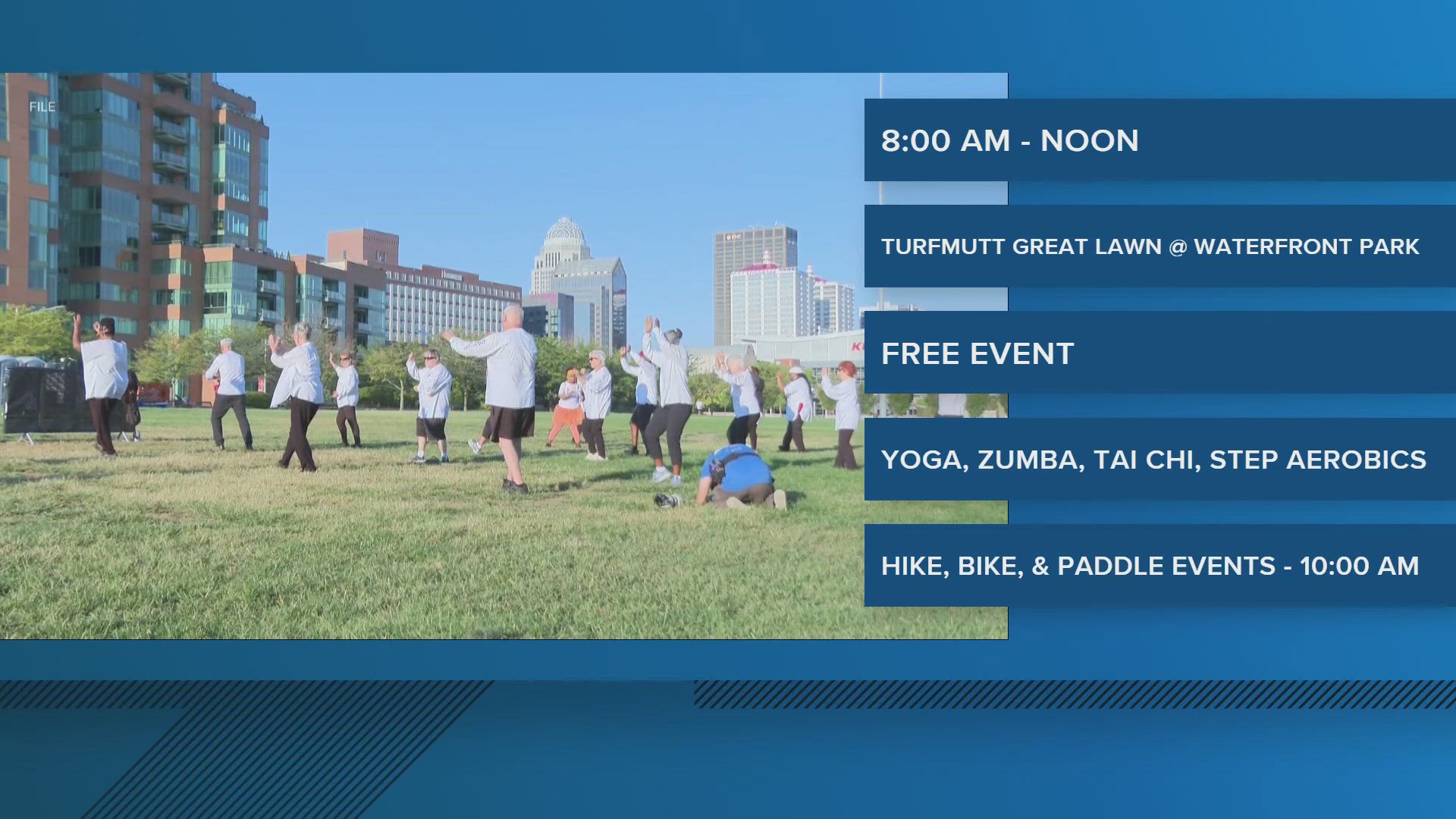 Beginning at 8 a.m., there will be free music, yoga, step aerobics, Zumba and high-intensity fitness classes.
