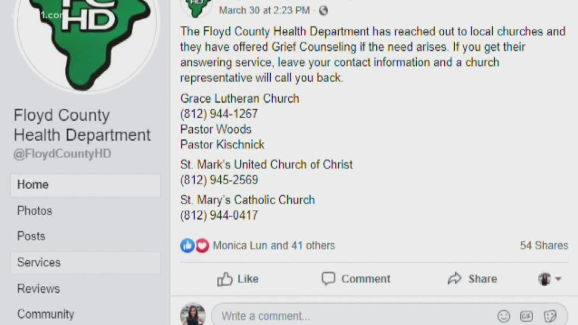 As COVID-19 spreads through the Floyd County community, one local church is partnering with the health department for grief counseling.