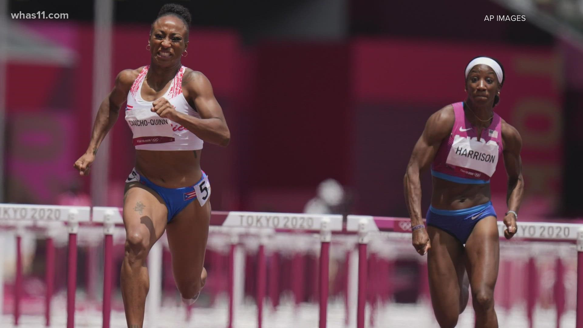 Jasmine Camacho-Quinn won Puerto Rico's second gold medal ever, while American Keni Harrison finished second in the 100-meter hurdles.
