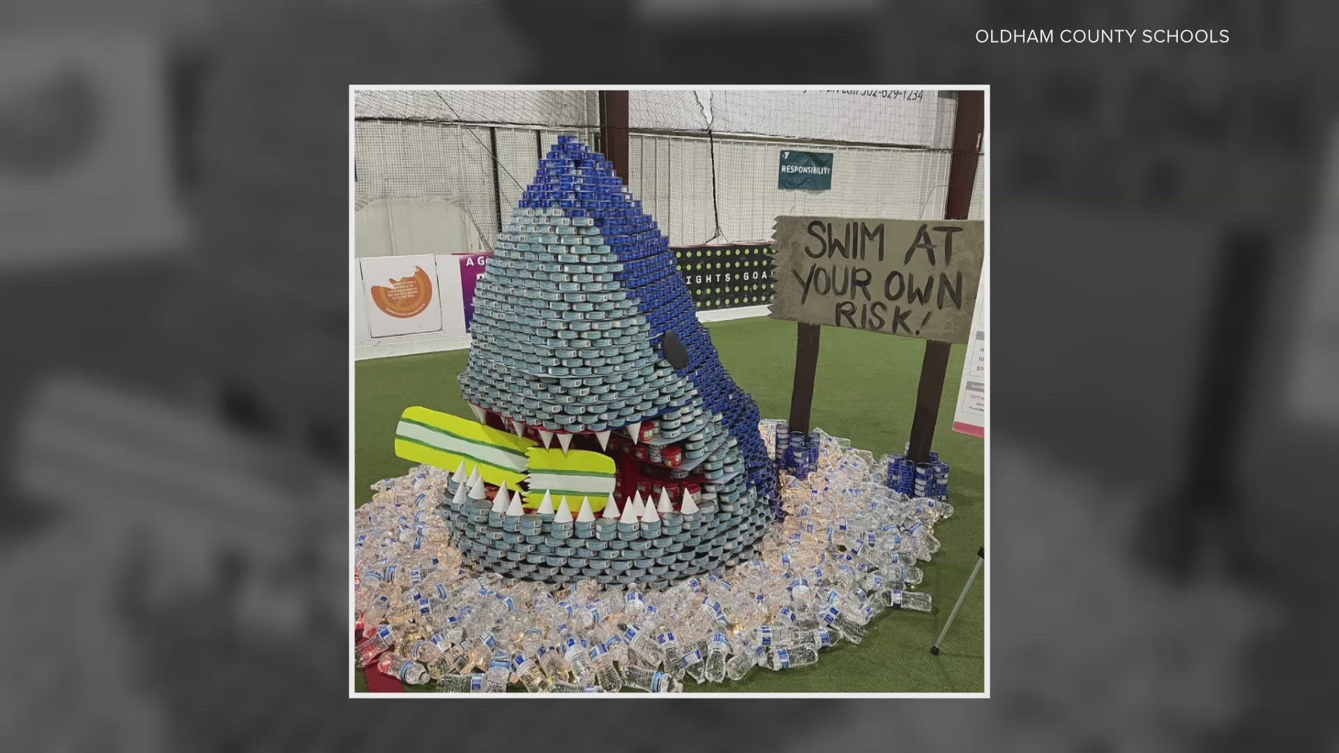 They built it out of tuna cans, Chef Boyardee cans and water bottles. All of the food and water went to the HighPoint food kitchen to support Oldham County families.