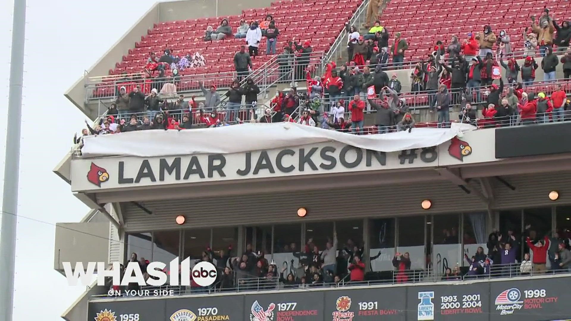 In front of thousands of fans, Lamar Jackson is in awe as he gives a speech celebrating his retirement of his jersey at Cardinal Stadium.