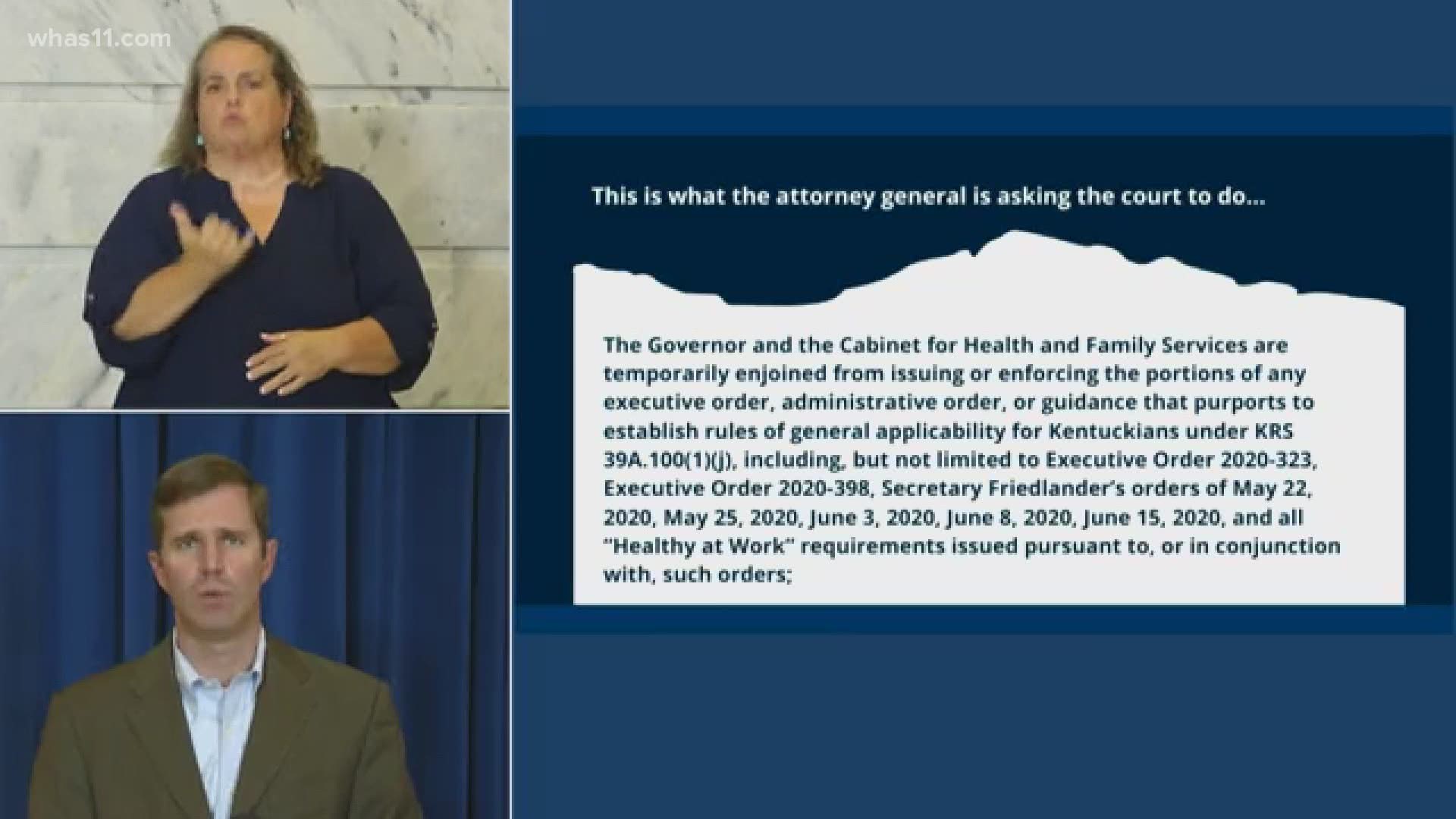 In a political battle, Beshear put Cameron on blast over Cameron's move to block all of Beshear's current and future coronavirus orders.