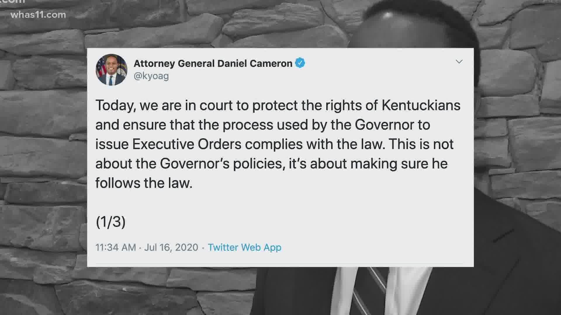 In a tweet sent out Friday Morning, AG Cameron said a Boone County Judge is going to help him shoe Beshear he doesn't have absolute power through executive orders