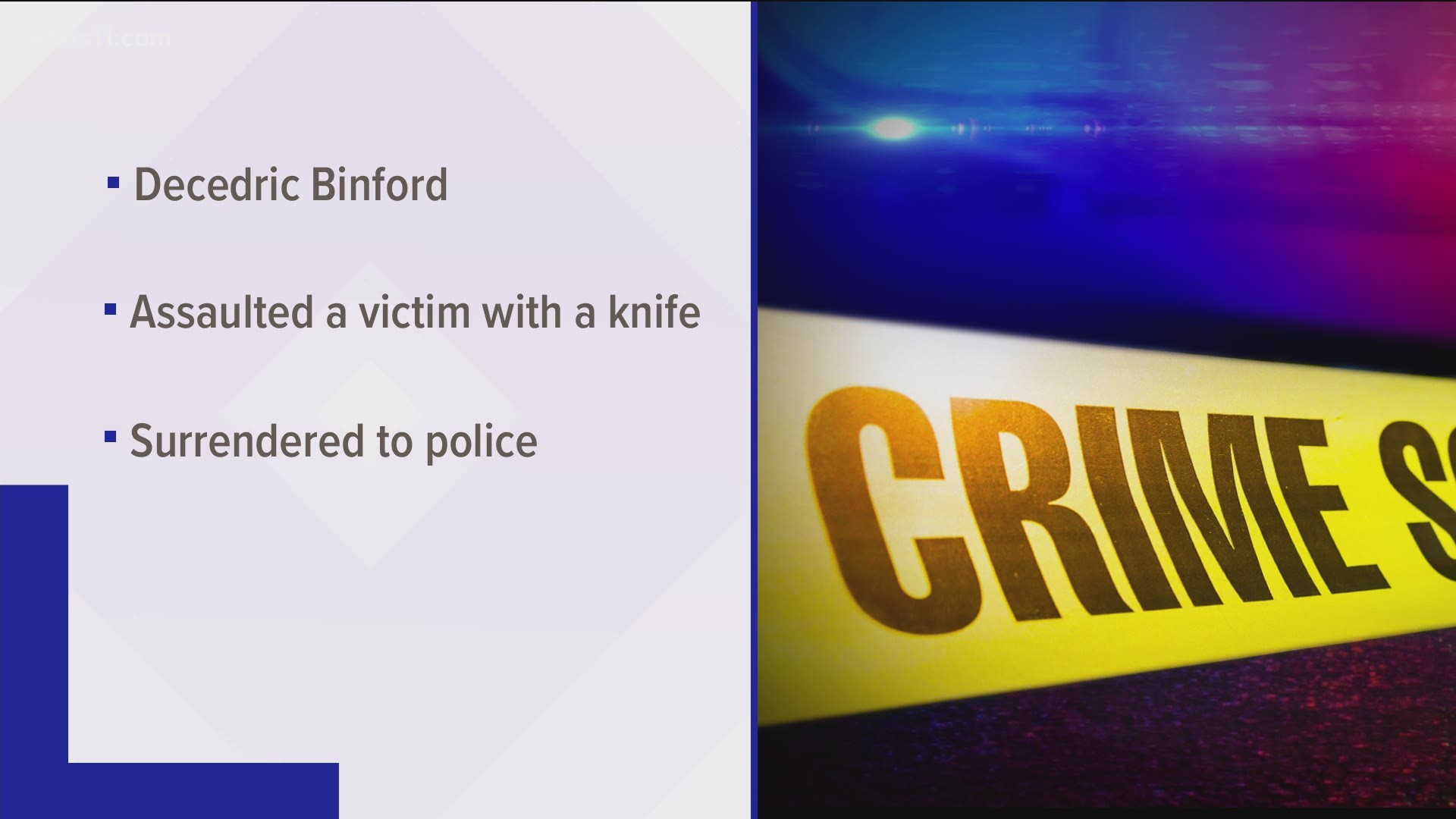 Decedric Binford was arrested after police said he assaulted a woman with a knife that then led to a two-hour standoff.