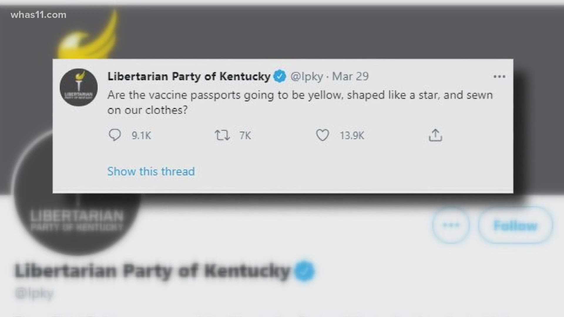 On Wednesday, the Libertarian Party of Kentucky posted a thread on its Twitter page saying it got the comparison backwards, admitting it was insensitive.