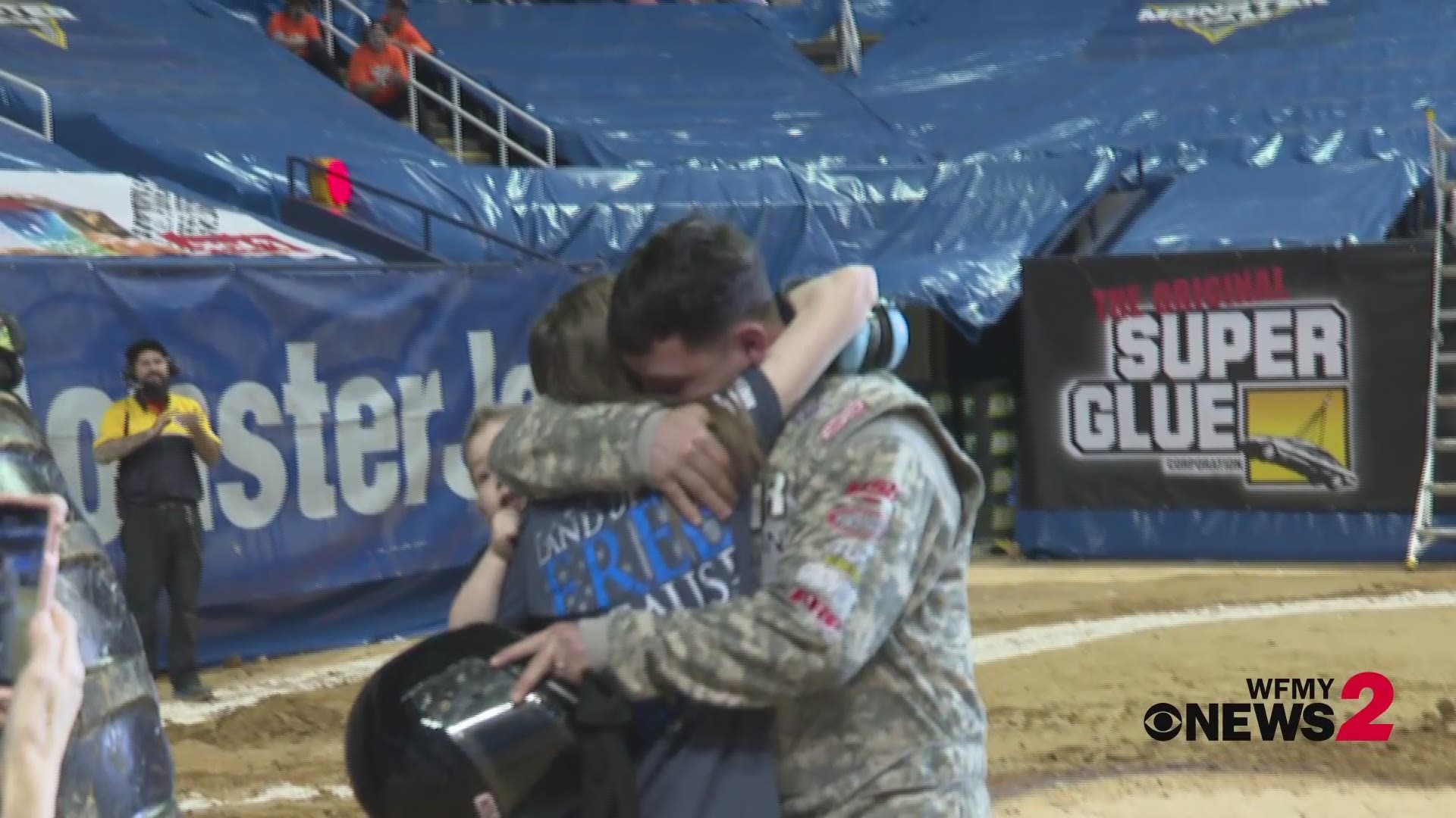 A Greensboro, NC crowd got an added bonus to the Monster Jam show Saturday when a soldier surprised his family after coming back from deployment.