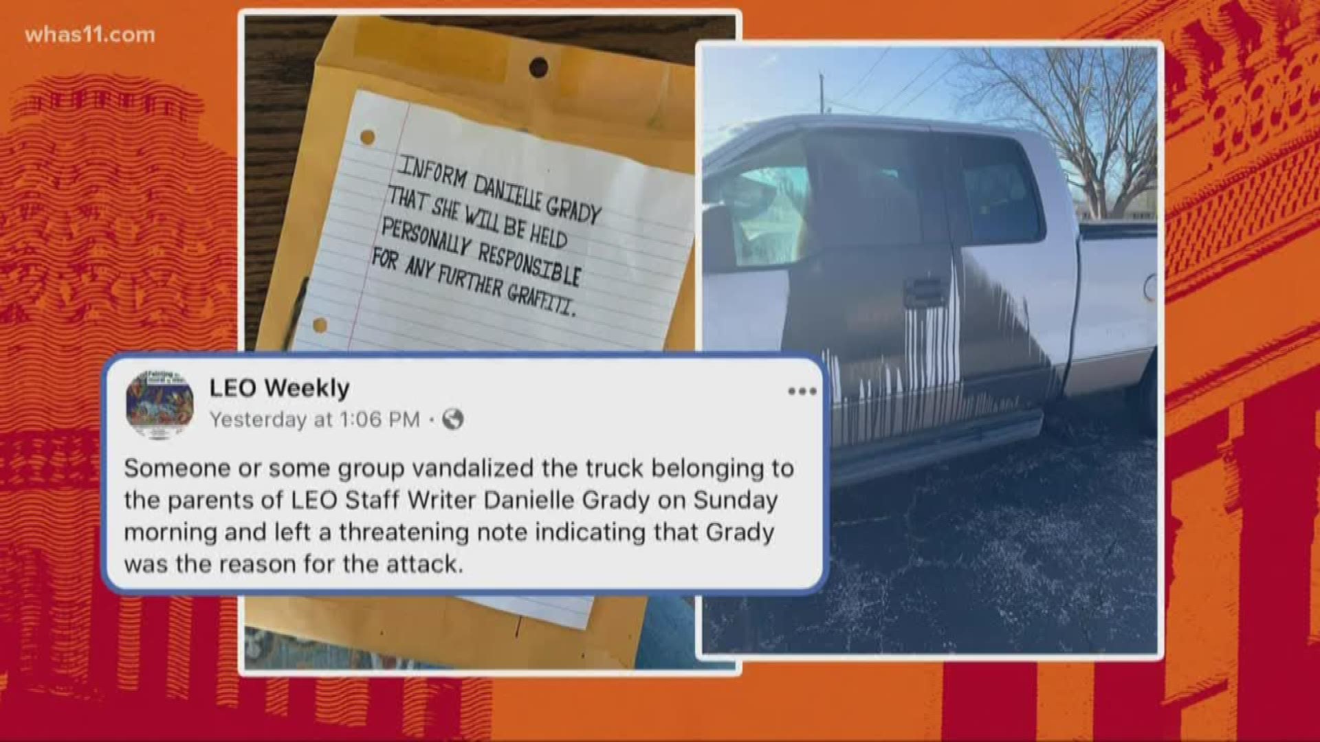 Police are hoping surveillance footage will help them figure out who threw paint on a truck belonging to the parents of a writer for LEO Weekly.