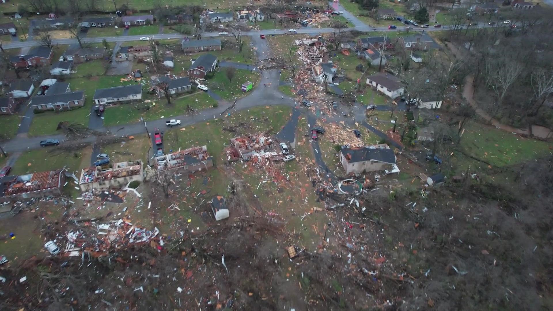 Drone video shows an aerial view of tornado damage in Bowling Green, Kentucky.