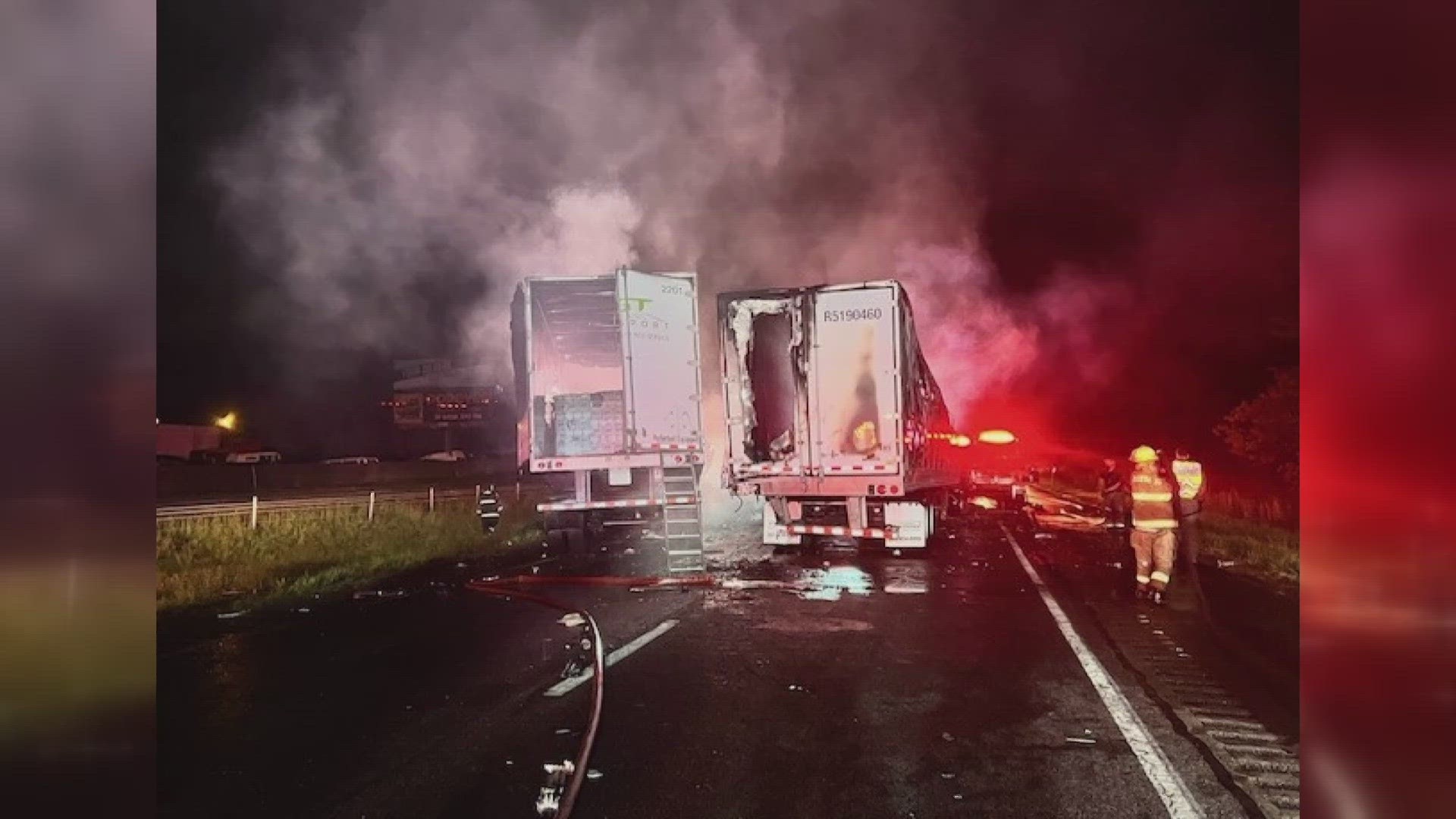 All lanes of I-65 South near Austin, Indiana are blocked after a deadly crash involving three semi-trucks.