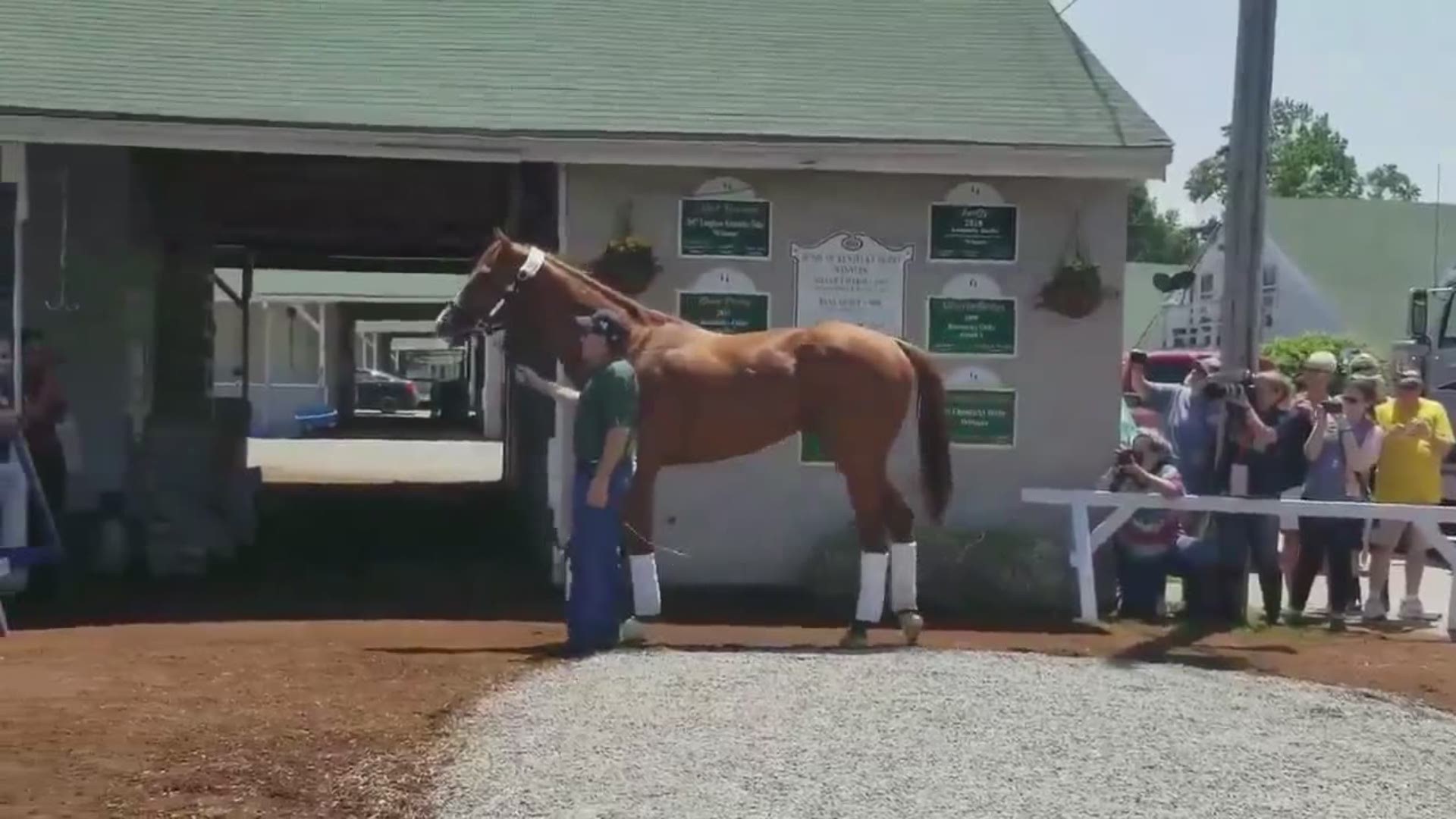Justify returned to Churchill Downs on Sunday at 2:15 p.m. to begin training for the third jewel in racing's Triple Crown, the June 9 Belmont Stakes.